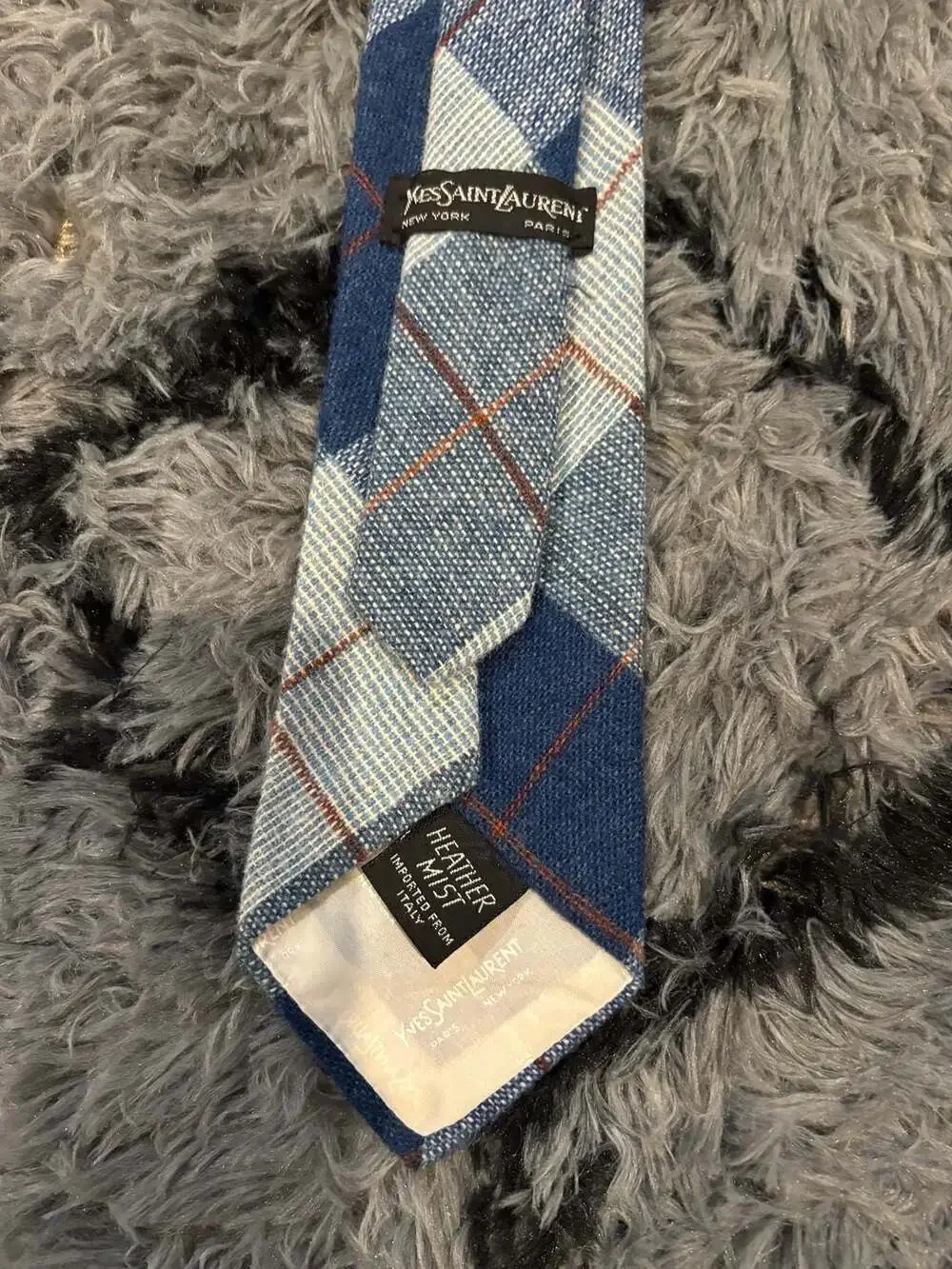 Vintage Yves Saint Laurent Blue Plaid Heather Mist Wool Necktie